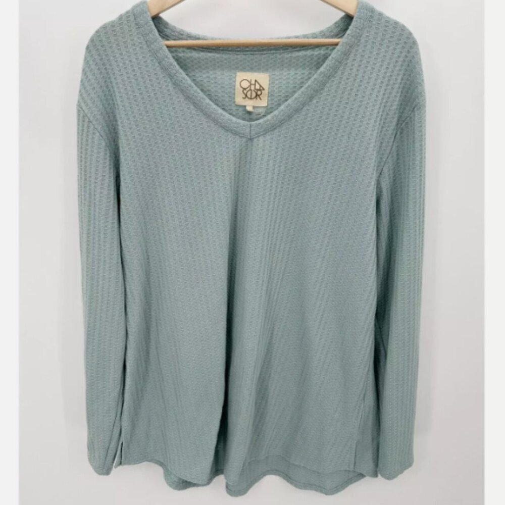 Chaser Womens Waffle Knit Thermal Long Sleeve V Neck shirt Blue S